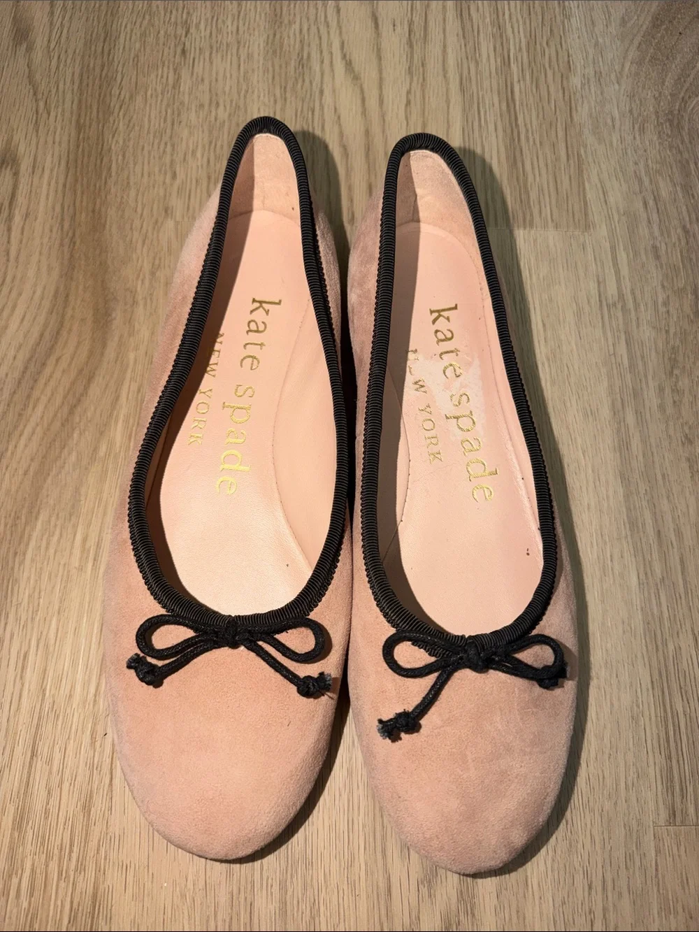 kate spade Pink Suede Ballet Flats with Black Trim and Bow